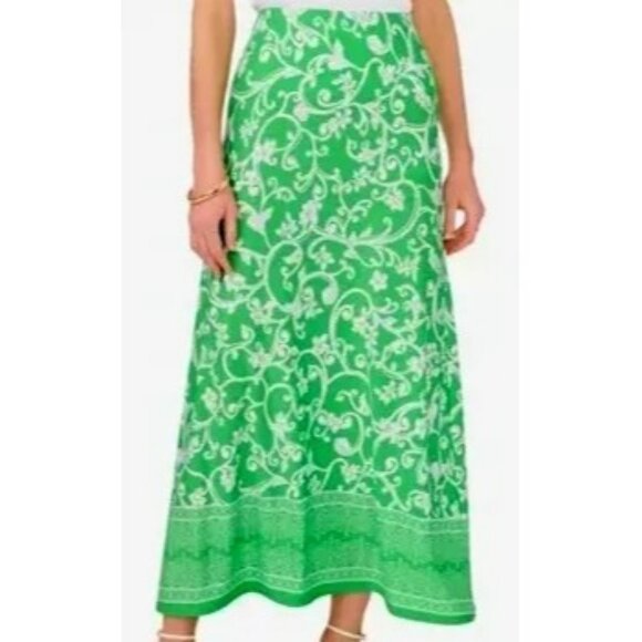 Vince Camuto Sz M Border Print Floral & Vine Maxi Skirt Green White Slinky NWOT - Picture 1 of 7